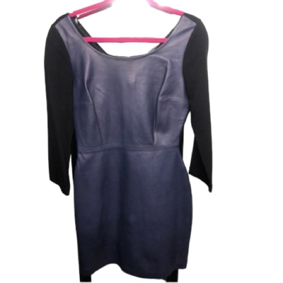 Diane Von Furstenberg large navy leather dress scoop front black stretch back - Picture 1 of 15